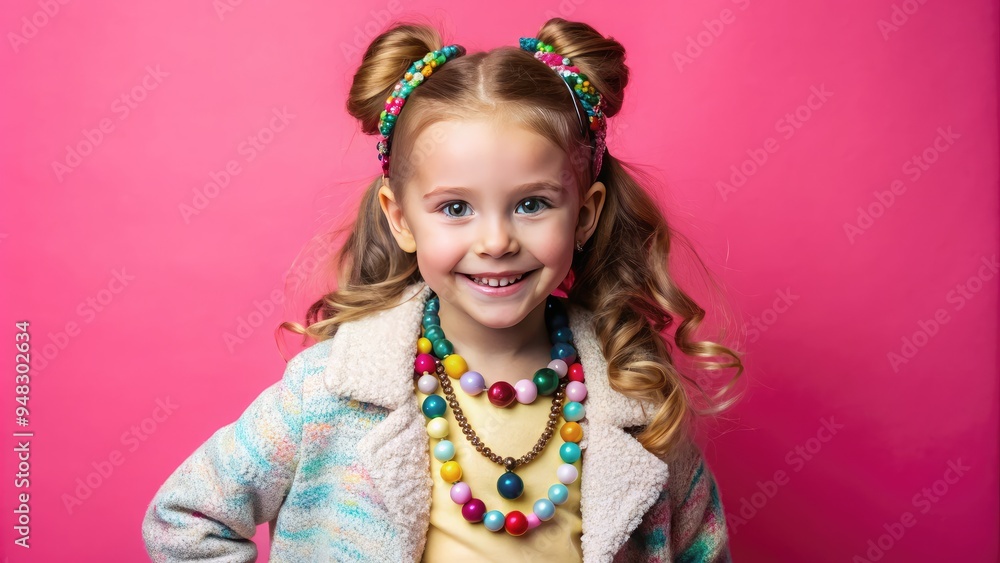 Adorable little girl with bright smile, wearing trendy outfit and statement accessories, confidently strikes a pose, exuding miniature model charm and playful sophistication. Adorable little girl with bright smile, wearing trendy outfit and statement accessories, confidently strikes a pose, exuding miniature model charm and playful sophistication.