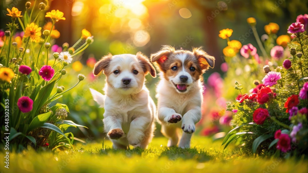 Adorable puppies frolic and playfully chase each other amidst vibrant flowers and lush greenery in a sun-kissed garden, exuding joy and innocence. Adorable puppies frolic and playfully chase each other amidst vibrant flowers and lush greenery in a sun-kissed garden, exuding joy and innocence.