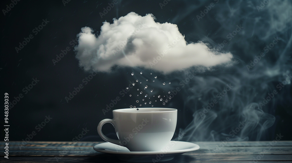 A white coffee cup with steam rising from it, with a cloud in the background. Concept of warmth and comfort, as well as a feeling of relaxation and leisure A white coffee cup with steam rising from it, with a cloud in the background. Concept of warmth and comfort, as well as a feeling of relaxation and leisure