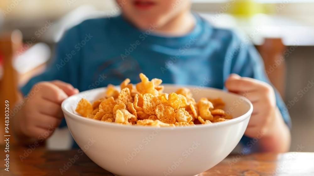 A child enjoying a bowl of cereal at breakfast A child enjoying a bowl of cereal at breakfast