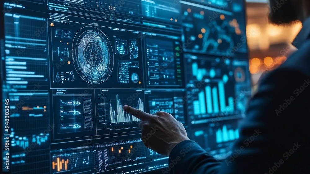 A businessman analyzes data on a screen filled with graphs, charts, and digital information. This symbolizes the use of data-driven insights for marketing automation, improved efficiency, and business A businessman analyzes data on a screen filled with graphs, charts, and digital information. This symbolizes the use of data-driven insights for marketing automation, improved efficiency, and business