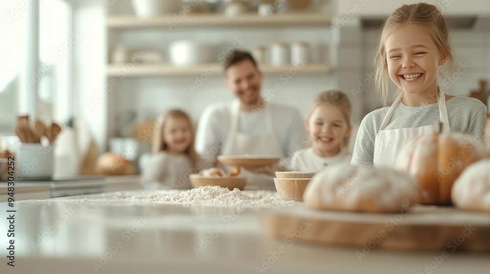 Fototapeta premium A joyful family cooking together in a bright kitchen, enjoying quality time while baking delicious bread and pastries.