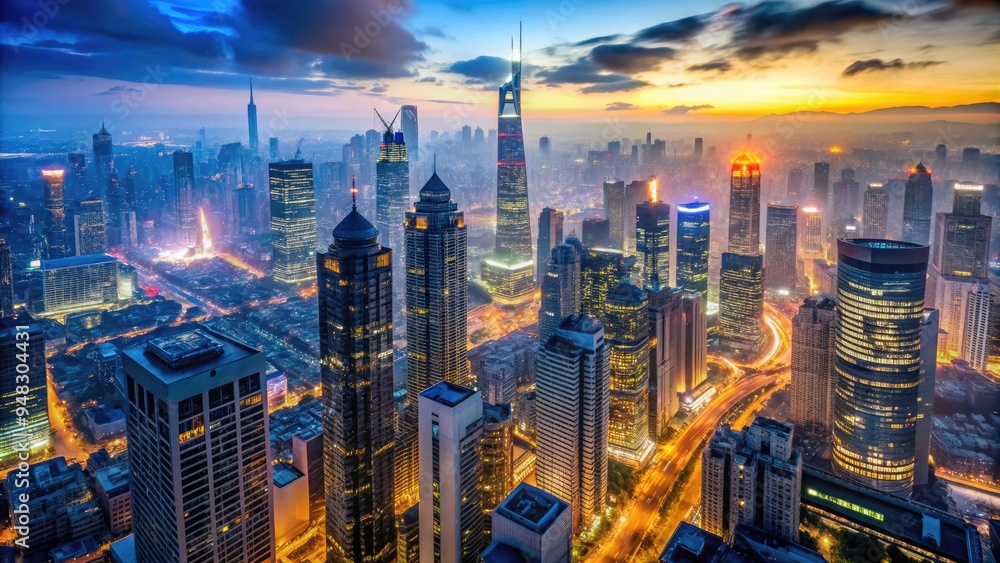 Fototapeta premium Aerial view of a bustling metropolis at dusk, skyscrapers and towering buildings surrounded by vibrant city lights, with a hazy blue misty atmosphere above.