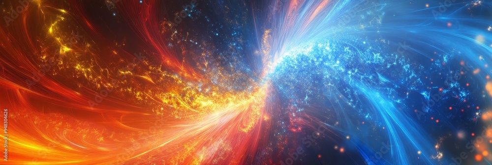 Obraz premium A captivating abstract artwork depicting the clash of fire and ice. The fiery red and orange hues on the left represent passion, energy, and chaos. The cool blues and white on the right symbolize tran