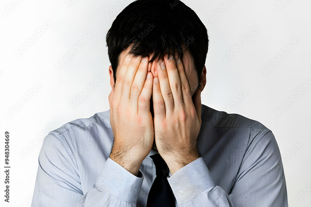 Portrait of overstressed business man covering face with his hands isolated. Emotion of stress or despair Portrait of overstressed business man covering face with his hands isolated. Emotion of stress or despair