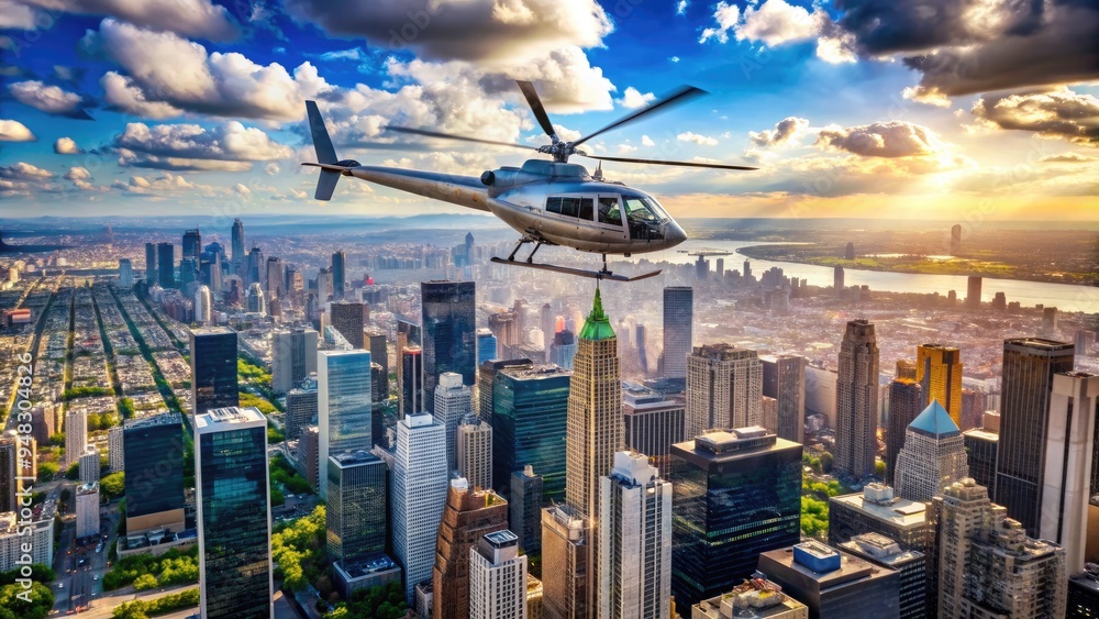 Naklejka premium Aerial view of a sleek helicopter soaring over a bustling metropolis, skyscrapers and cityscape sprawling below, with a bright blue sky and fluffy white clouds.