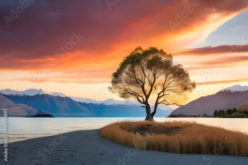 Lone Tree of Lake Wanaka against sky during sunset at South Island, New Zealand Generative AI