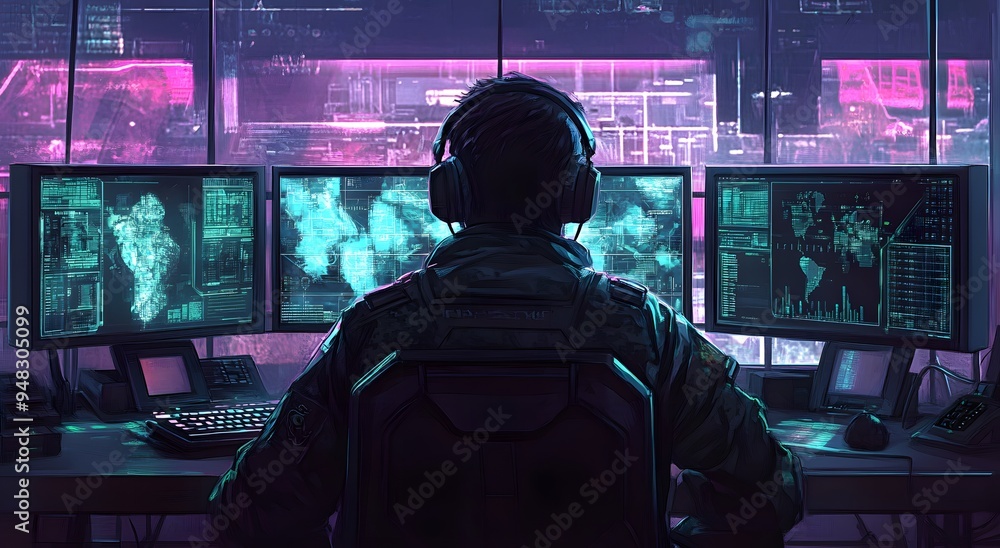A cyber security professional at work, monitoring multiple screens displaying advanced digital artwork. Cyber threat detection concepts, real-time alerts and threat indicators A cyber security professional at work, monitoring multiple screens displaying advanced digital artwork. Cyber threat detection concepts, real-time alerts and threat indicators