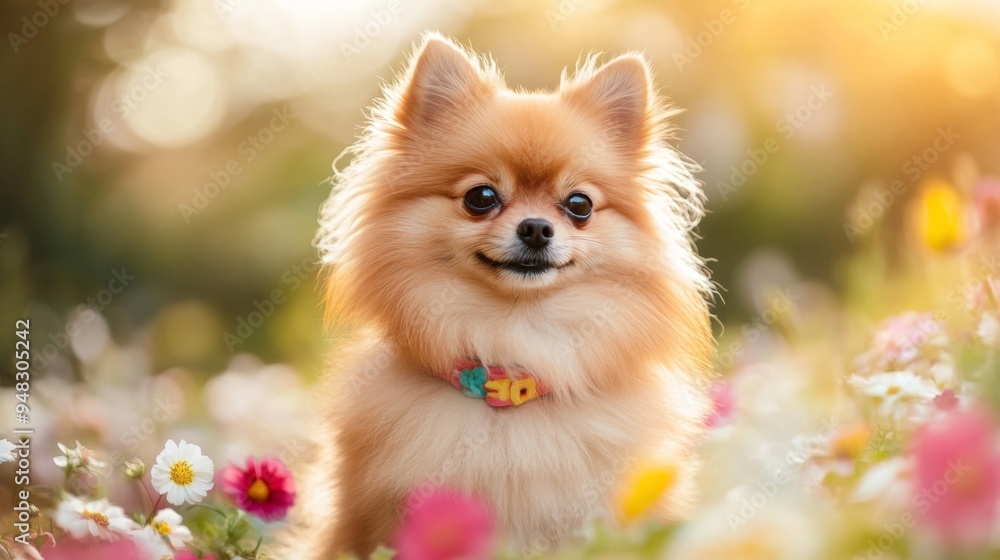 A close-up of a small dog with a fluffy coat, adorned with a colorful collar or bow, sitting in a field of flowers, highlighting its cuteness and charm. A close-up of a small dog with a fluffy coat, adorned with a colorful collar or bow, sitting in a field of flowers, highlighting its cuteness and charm.