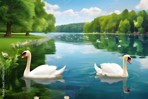 In the serene beauty of nature the lush green grass embraces the sparkling clear water of the pristine white lake where graceful swans gracefully swim Generative AI