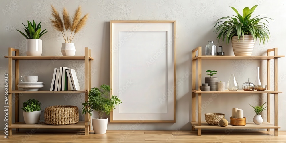 A mock up poster frame in a stylish interior setting, with decorative items displayed on a shelf A mock up poster frame in a stylish interior setting, with decorative items displayed on a shelf