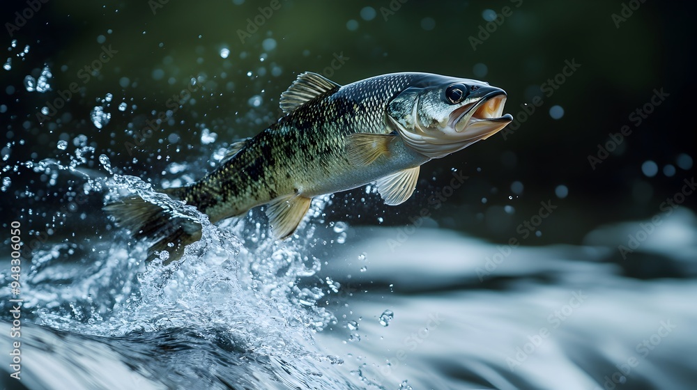 Energetic Fish Leaping Out of Splashing River or Stream in Nature Energetic Fish Leaping Out of Splashing River or Stream in Nature