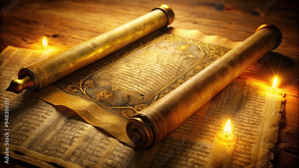 Fototapeta premium Aged parchment scroll with yellowed text, intricate calligraphy, and ornate illuminations, evoking a sense of ancient history and mystical knowledge.