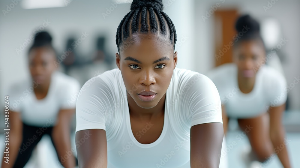 A woman with braids is in the middle of a group of three women. She is looking at the camera. An action shot of a woman or group of women in athletic wear, engaged in sports or fitness activities A woman with braids is in the middle of a group of three women. She is looking at the camera. An action shot of a woman or group of women in athletic wear, engaged in sports or fitness activities