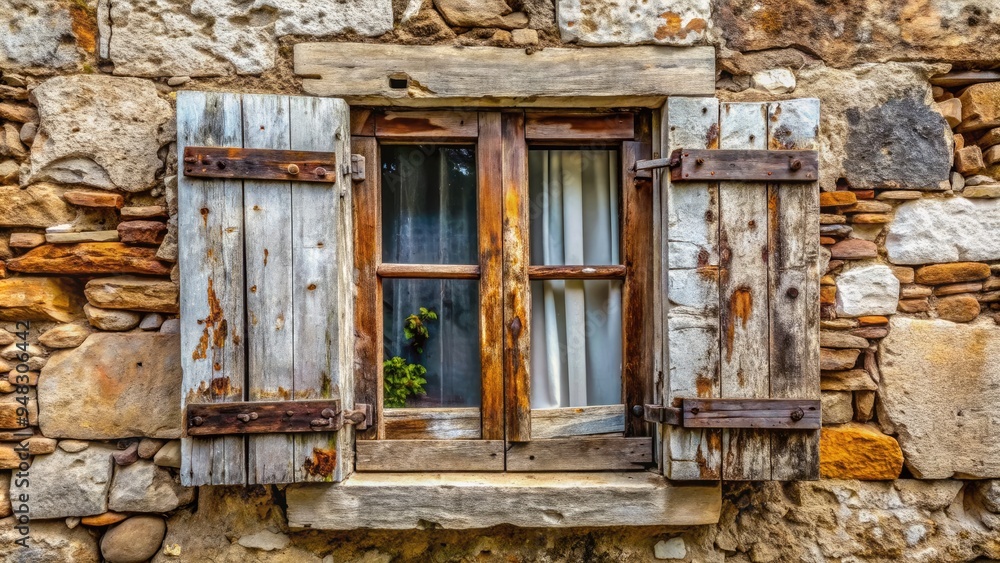 Aged wooden window with peeling white paint and rusty hinges, adorned with worn shutters, set amidst crumbling stone facade of a vintage countryside abode. Aged wooden window with peeling white paint and rusty hinges, adorned with worn shutters, set amidst crumbling stone facade of a vintage countryside abode.