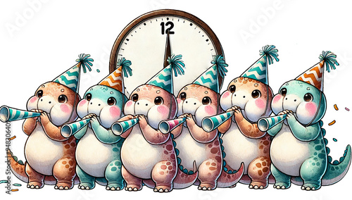 chubby baby dinosaurs blowing party horns in sync, all eyes on the countdown clock as it reaches the final seconds. photo