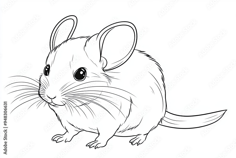 A line drawing of a cute cartoon mouse with big ears, a long tail, and whiskers. A line drawing of a cute cartoon mouse with big ears, a long tail, and whiskers.