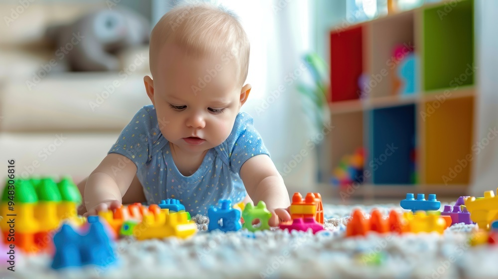 American baby playing with colorful toys, showing curiosity and joy American baby playing with colorful toys, showing curiosity and joy