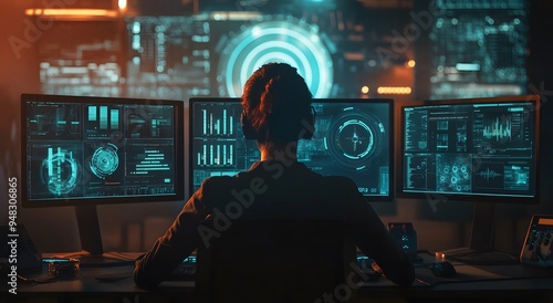 A cyber security professional at work, monitoring multiple screens displaying advanced digital artwork. Cyber ​​threat detection concepts, real-time alerts and threat indicators