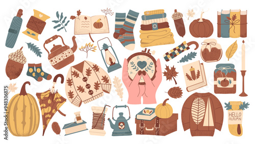 Autumn hand-drawn elements vector set. Fall various colorful icons. Hello autumn collection. Season scrapbooking stickers.