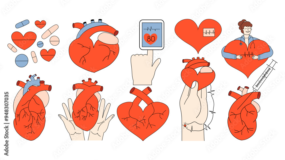 Fototapeta premium Large cardiological set. Heart, pulse oximeter, cardiologist, pills. Vector illustration in hand drawn style