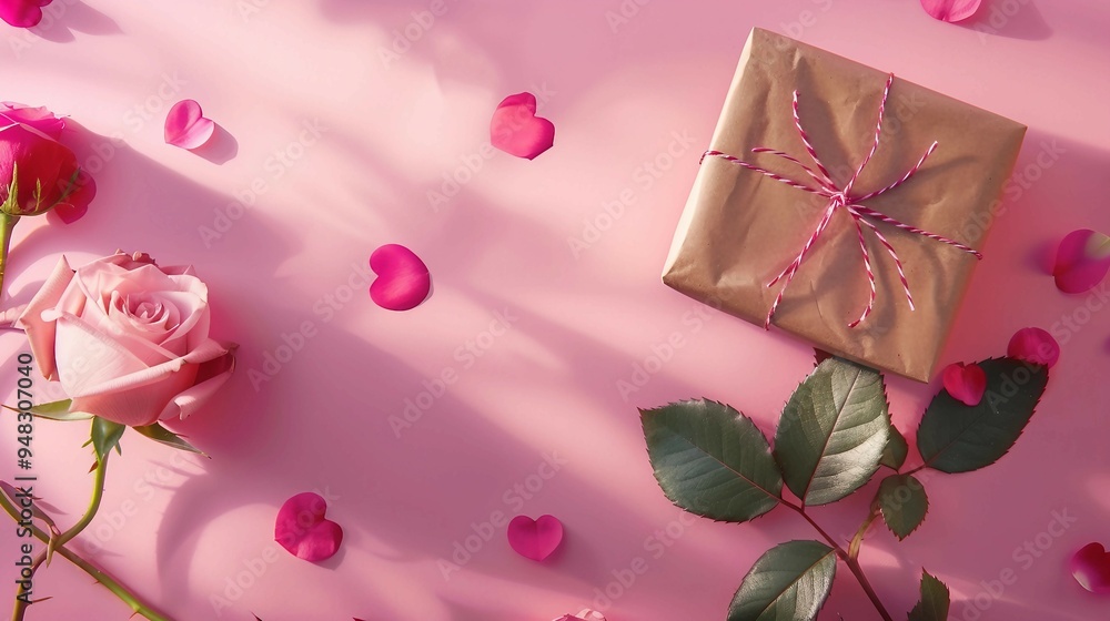 Lovely Valentine's Day and Mother's Day Gift Shopping Design Concept with Pink Rose, Carnation Flower, and Gift Box on Blue Table Background Lovely Valentine's Day and Mother's Day Gift Shopping Design Concept with Pink Rose, Carnation Flower, and Gift Box on Blue Table Background