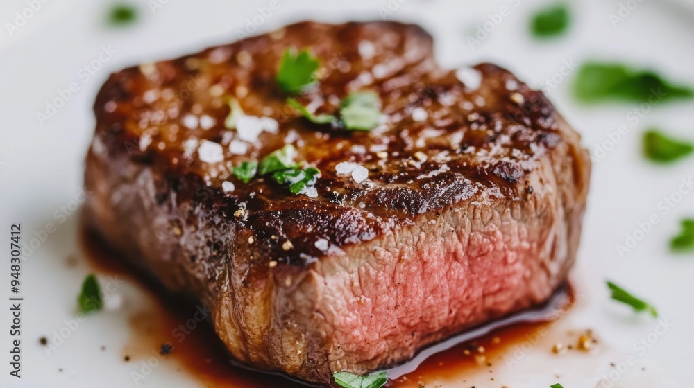 A close-up of a steak with a rich, caramelized crust and tender center, garnished with a sprinkle of sea salt and fresh herbs, against a white backdrop. A close-up of a steak with a rich, caramelized crust and tender center, garnished with a sprinkle of sea salt and fresh herbs, against a white backdrop.