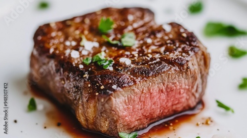 A close-up of a steak with a rich, caramelized crust and tender center, garnished with a sprinkle of sea salt and fresh herbs, against a white backdrop.