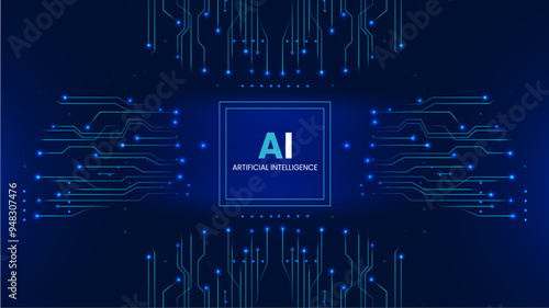 AI dark blue banner with "Artificial Intelligence" text in the center, surrounded by glowing circuits and data lines, highlighting tech and digital connectivity.