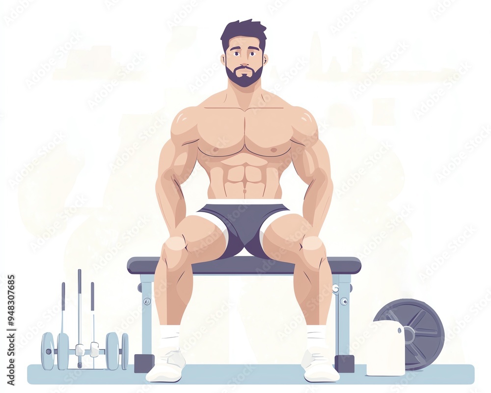 Muscular man sitting on bench in gym, showcasing strength and fitness lifestyle. Ideal for health and wellness themes. Muscular man sitting on bench in gym, showcasing strength and fitness lifestyle. Ideal for health and wellness themes.