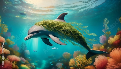 Illustration of dolphin in seaweed dress swimming through a coral reef.
