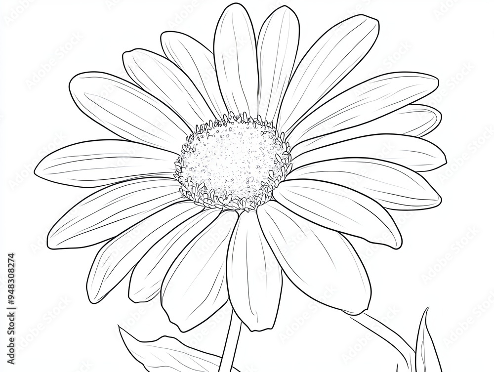 A detailed line drawing of a single daisy with multiple petals, a central disc, and a stem with leaves. A detailed line drawing of a single daisy with multiple petals, a central disc, and a stem with leaves.