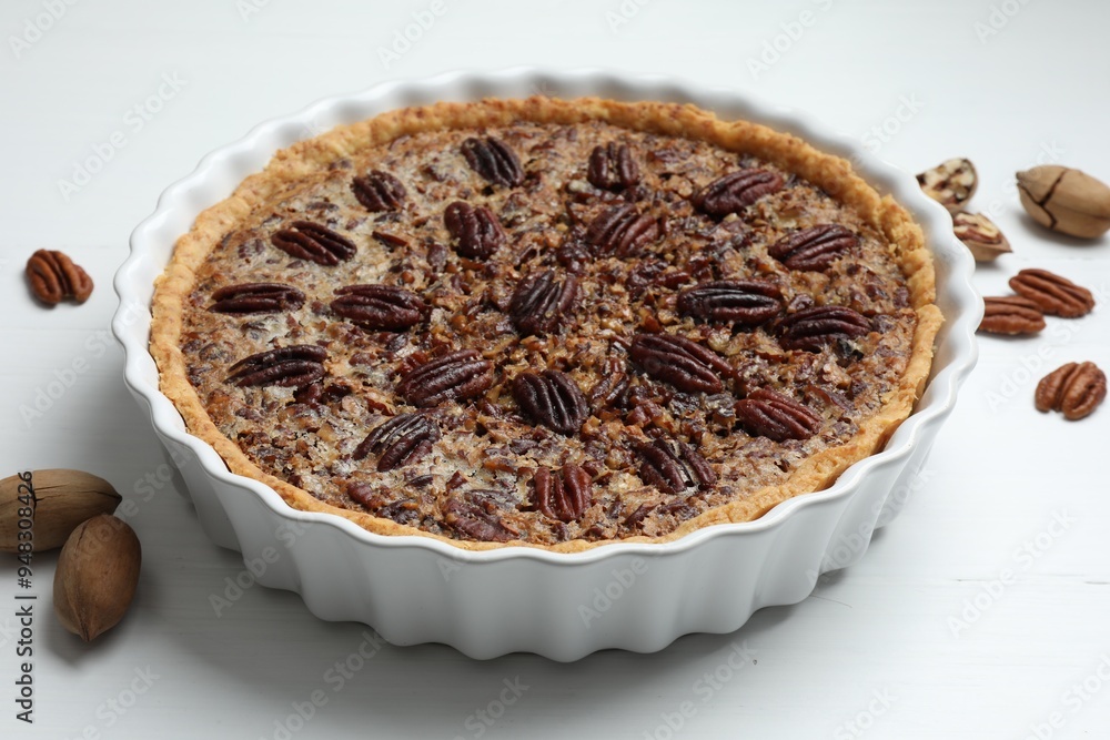 Delicious pecan pie in baking dish and fresh nuts on white wooden table, closeup Delicious pecan pie in baking dish and fresh nuts on white wooden table, closeup