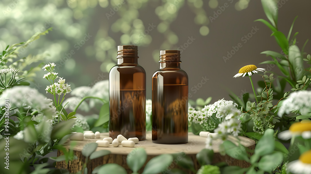 Two amber bottles of herbal essential oil with white pills on a wooden surface surrounded by greenery. Two amber bottles of herbal essential oil with white pills on a wooden surface surrounded by greenery.