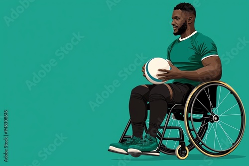 A strong male athlete in a wheelchair, focused and ready to play rugby, showcasing determination and strength in sports. paralympic games concept. photo