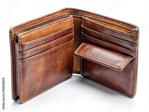 A luxurious, worn, open brown leather wallet lies isolated on a pristine white background, showcasing its rustic charm and ample storage space.