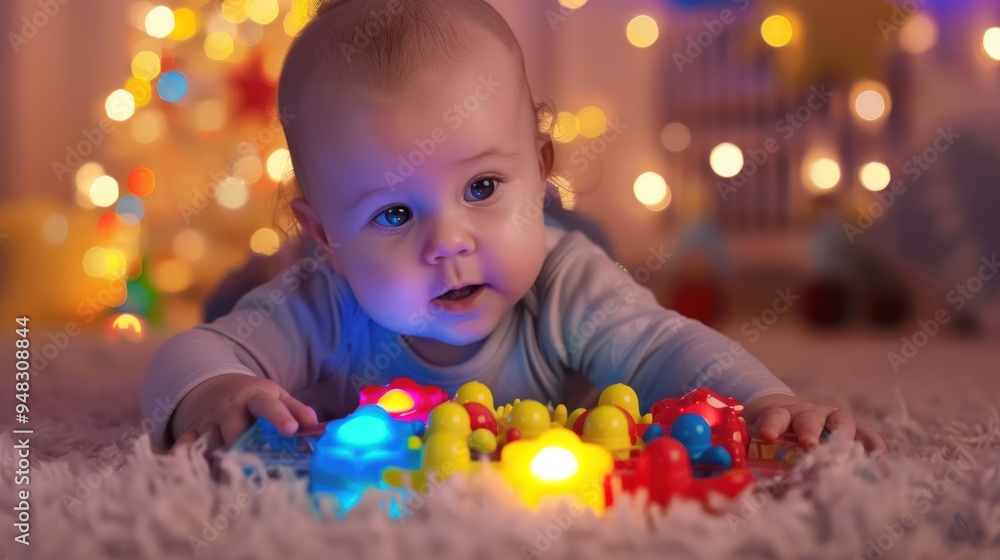 Baby playing with a musical toy, fascinated by the sounds and lights Baby playing with a musical toy, fascinated by the sounds and lights
