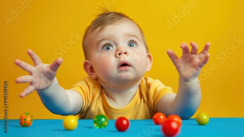 Baby reaching out for a toy, showing curiosity and eagerness photo