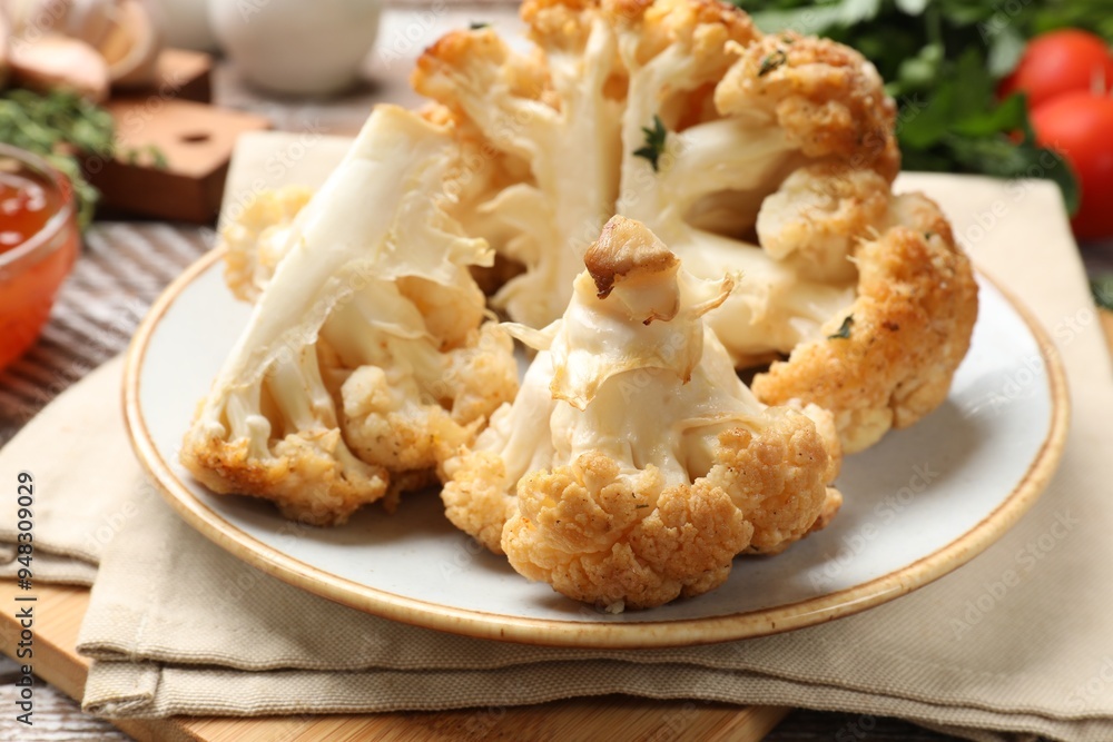 Plate with tasty baked cauliflower on table, closeup Plate with tasty baked cauliflower on table, closeup