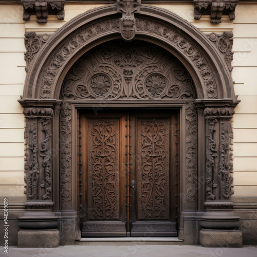 Ornate Carved Wooden Doorway: A majestic, intricately carved wooden door with an arched frame, promising an elegant entrance into a grand building. Its rich texture and intricate details evoke a sense