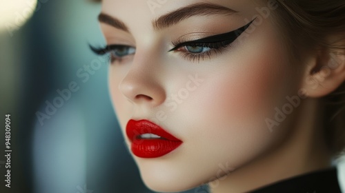 Wallpaper Mural A close-up of a woman with dramatic cat-eye eyeliner and matte red lips, exuding confidence and elegance in a modern, chic setting. Torontodigital.ca
