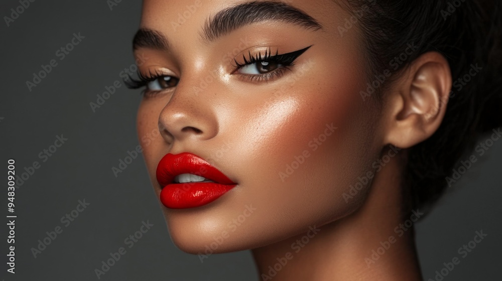 A close-up of a woman with flawless makeup, featuring bold red lipstick, perfectly winged eyeliner, and glowing skin, posing confidently in a studio setting. A close-up of a woman with flawless makeup, featuring bold red lipstick, perfectly winged eyeliner, and glowing skin, posing confidently in a studio setting.
