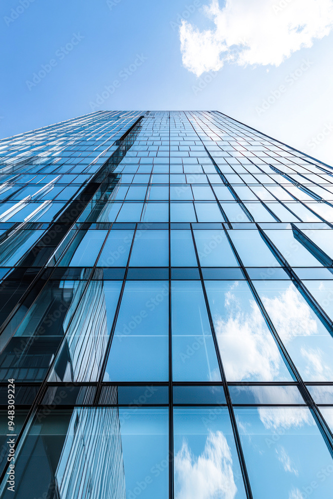 Obraz premium Looking up at the glass facade of a tall skyscraper.