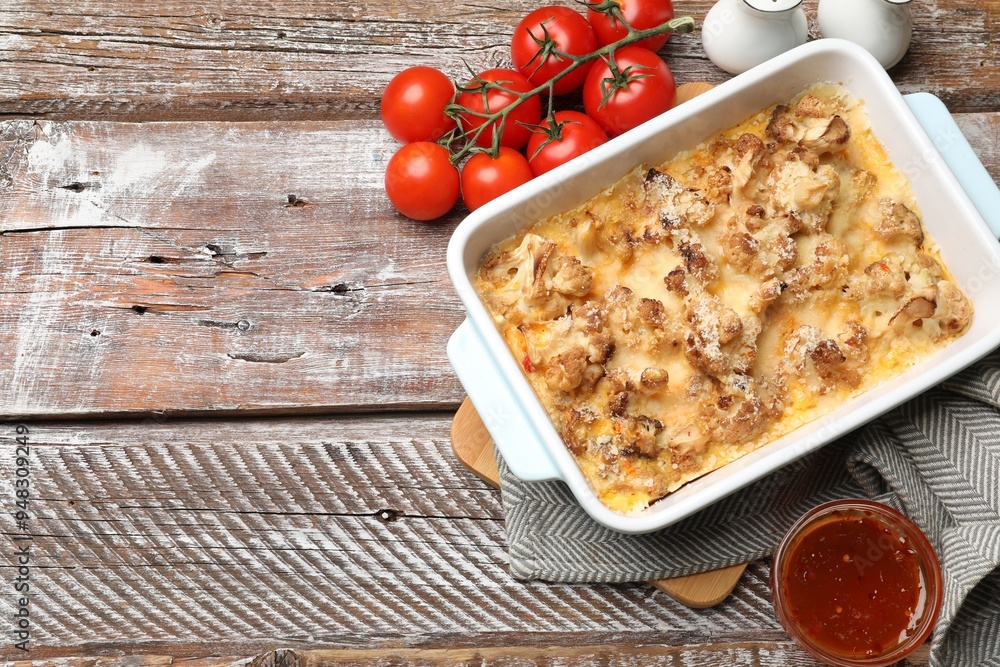 Tasty baked cauliflower, spices and tomato on wooden table, flat lay. Space for text Tasty baked cauliflower, spices and tomato on wooden table, flat lay. Space for text
