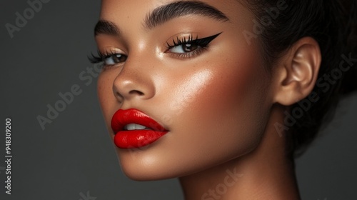 A close-up of a woman with flawless makeup, featuring bold red lipstick, perfectly winged eyeliner, and glowing skin, posing confidently in a studio setting.