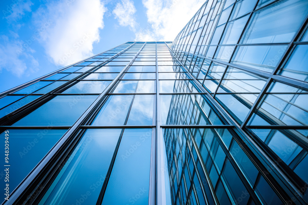 Obraz premium Glass facade skyscraper reflecting the blue sky and clouds.