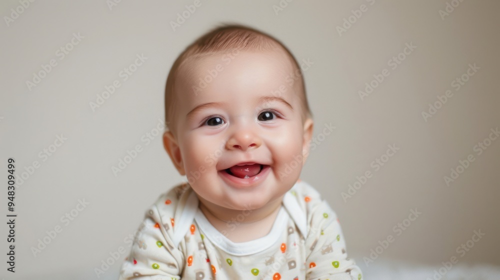 Cute baby boy wearing a onesie, smiling at the camera Cute baby boy wearing a onesie, smiling at the camera