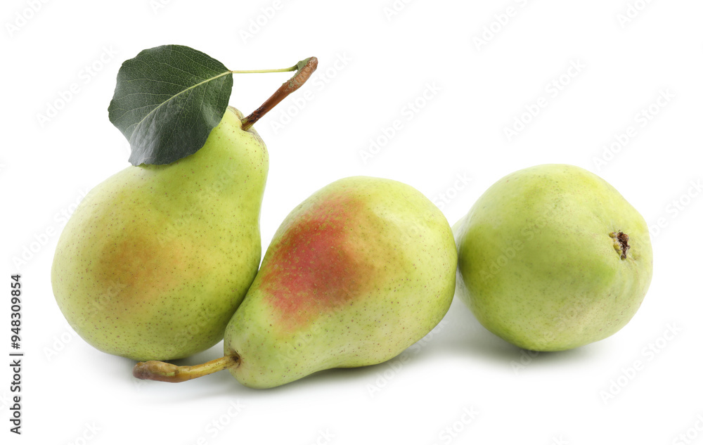 Fresh ripe pears with green leaf isolated on white Fresh ripe pears with green leaf isolated on white