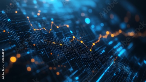 A close-up shot of a digital screen displaying a dynamic stock market chart. The line graph illustrates fluctuating trends, with data points highlighted in orange. The image symbolizes growth, volatil photo