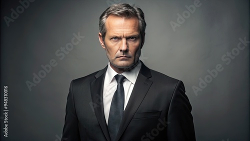 A middle-aged Caucasian male with a stern expression, dressed in a formal black suit, stands against a neutral background, conveying a sense of authority.